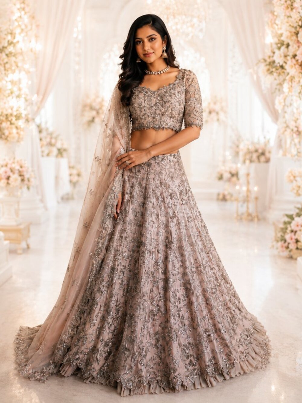 Designer Anushree Reddy Embellished Pink and Silver Lehenga Set